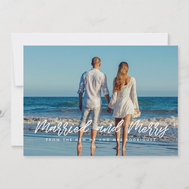 Married and Merry modern couple holiday photo card (Front)