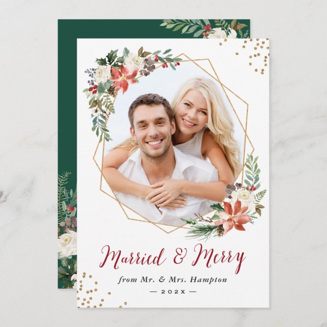 Married and Merry Modern Geometric Newlywed Photo Holiday Card (Front/Back)