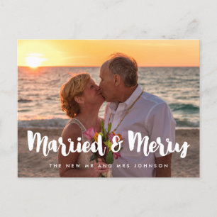 Married and Merry modern Newlyweds Christmas Postcard