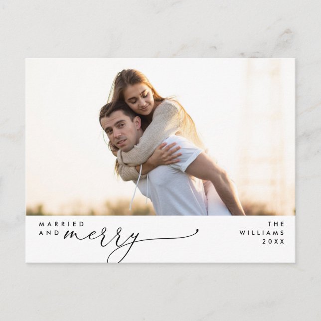 Married and Merry Modern Script Photo Holiday  Postcard (Front)