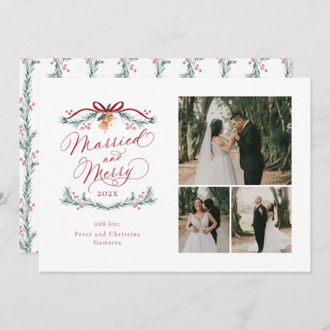 Married and Merry Multiphoto First Christmas Card (Front/Back)
