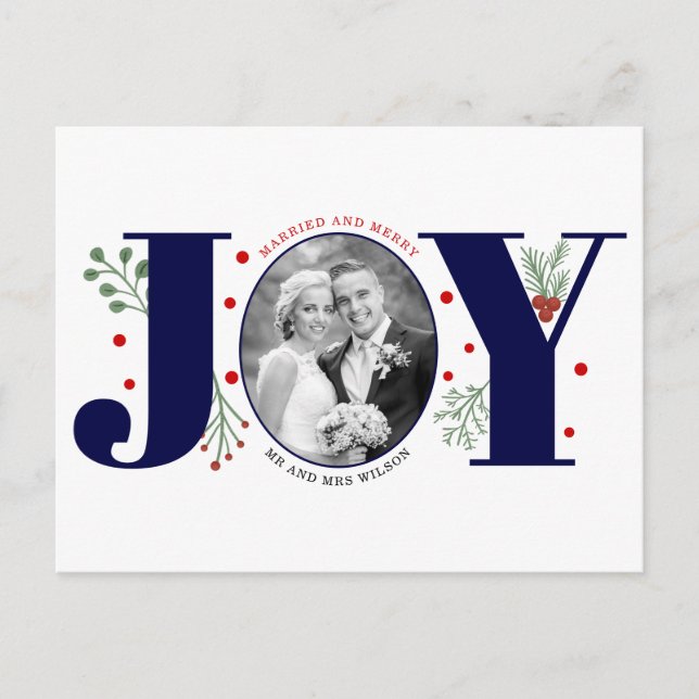 Married and Merry navy JOY Christmas holiday photo Postcard (Front)