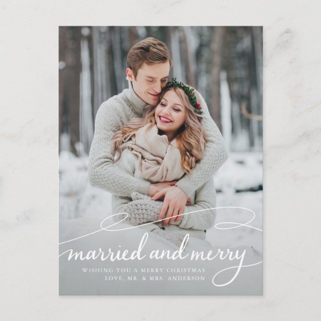 Married and Merry Newlywed 2 Photo Holiday Announcement Postcard (Front)