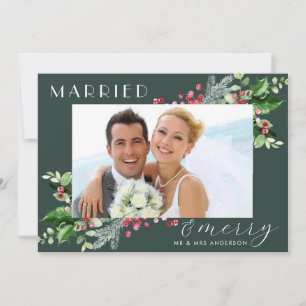 Married And Merry Newlywed Botanical Berry Photo Holiday Card