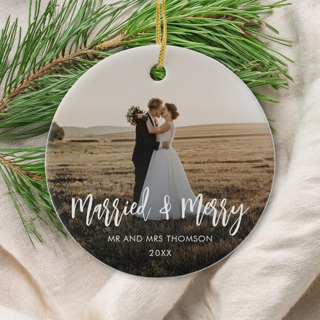 Married and Merry Newlywed Christmas Photo Ceramic Tree Decoration (Creator Uploaded)