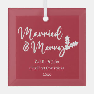 Married and Merry Newlywed First Christmas Red Glass Tree Decoration