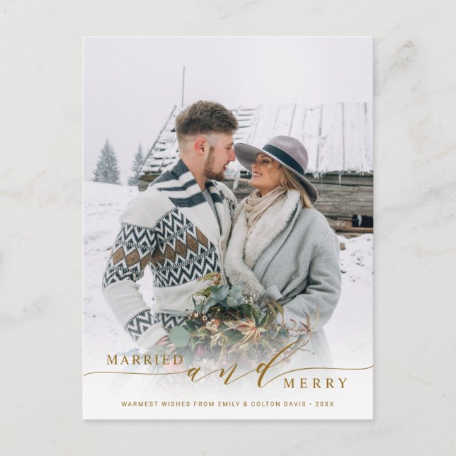 Married and Merry Newlywed Gold Holiday Photo Postcard (Front)