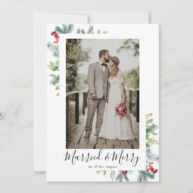 Married and Merry Newlywed Holiday photo card (Front)