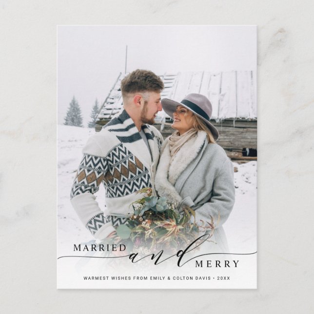 Married and Merry Newlywed Holiday Photo Postcard (Front)