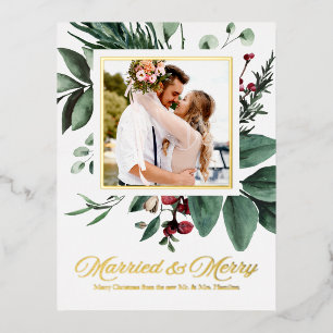 Married And Merry Newlywed Photo Christmas Foil Holiday Postcard