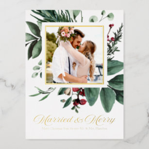 Married And Merry Newlywed Photo Christmas Foil Holiday Postcard