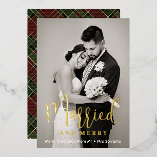 Married and Merry Newlywed Photo Gold Foil Holiday Card