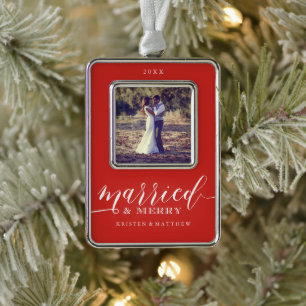 Married and Merry Newlyweds Christmas Photo Silver Plated Framed Ornament