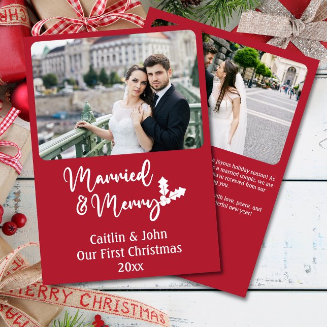 Married and Merry Newlyweds First Christmas Red Holiday Card (Married and Merry, Our First Christmas personalized 2 photo  greeting card in red with white letters)