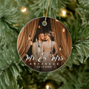 Married and Merry Newlyweds Photo Ceramic Tree Decoration