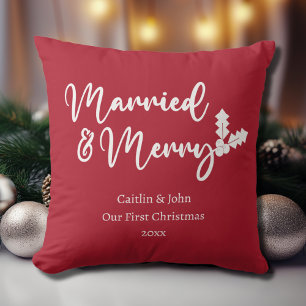 Married and Merry Our First Christmas Newlywed Red Cushion