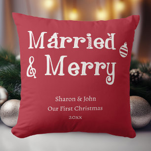 Married and Merry Our First Christmas Newlywed Red Cushion