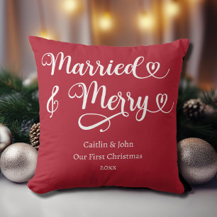 Married and Merry Our First Christmas Newlywed Red Cushion