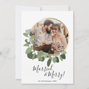 Married and Merry Photo Green wreath 1st Christmas Holiday Card