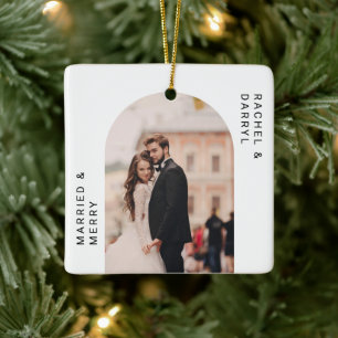 Married and Merry Photo Minimal Script Elegant Ceramic Ornament