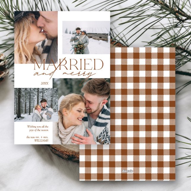 Married and Merry Plaid 4 Photo Newlywed Holiday Card (Creator Uploaded)