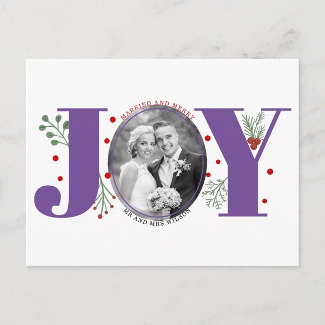 Married and Merry purple JOY Christmas photo Postcard (Front)