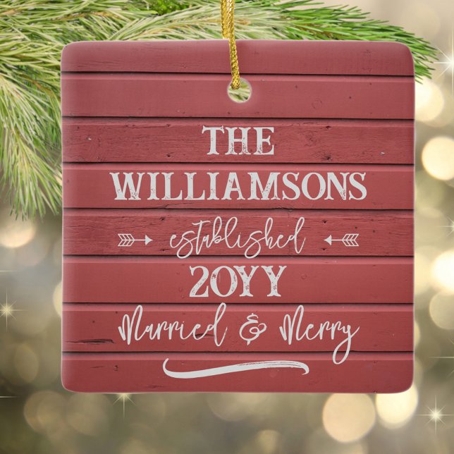 Married and Merry Red Barn First Christmas Photo Ceramic Ornament (Charming red barn personalized first married Christmas ornament with your photo)