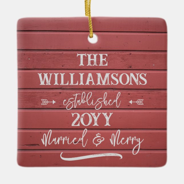 Married and Merry Red Barn First Christmas Photo Ceramic Ornament (Front)