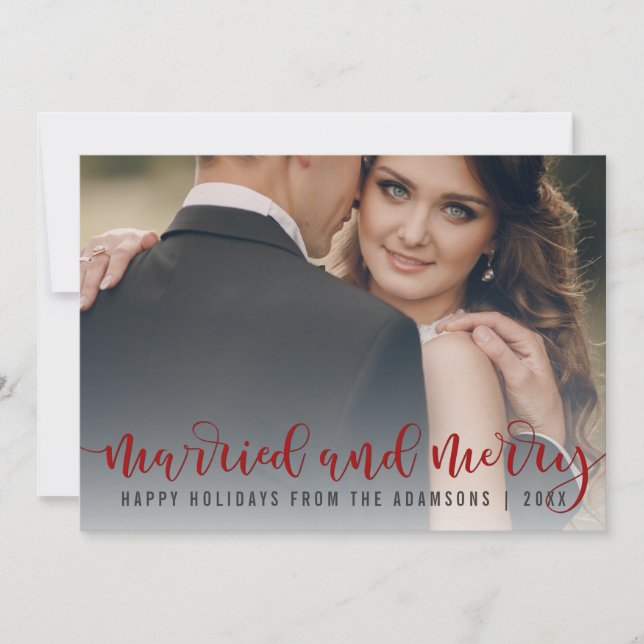 Married And Merry Red Calligraphy | Newlywed Photo Holiday Card (Front)