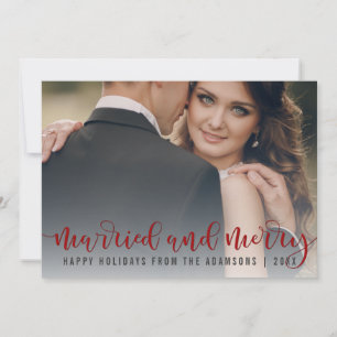 Married And Merry Red Calligraphy   Newlywed Photo Holiday Card