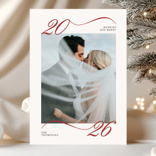 Married and Merry Red Calligraphy Photo Holiday Card
