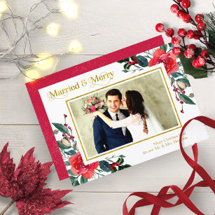 Married And Merry Red Floral Christmas Photo Invitation