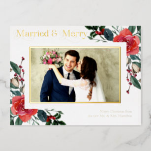 Married And Merry Red Floral Newlyweds Foil Holiday Postcard