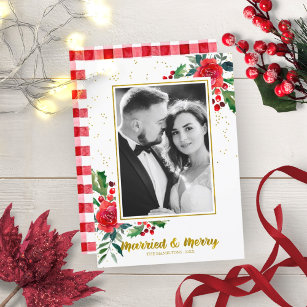 Married And Merry Red Flowers Christmas Photo Invitation