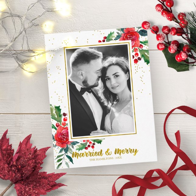 Married And Merry Red Flowers Christmas Photo Postcard (Creator Uploaded)