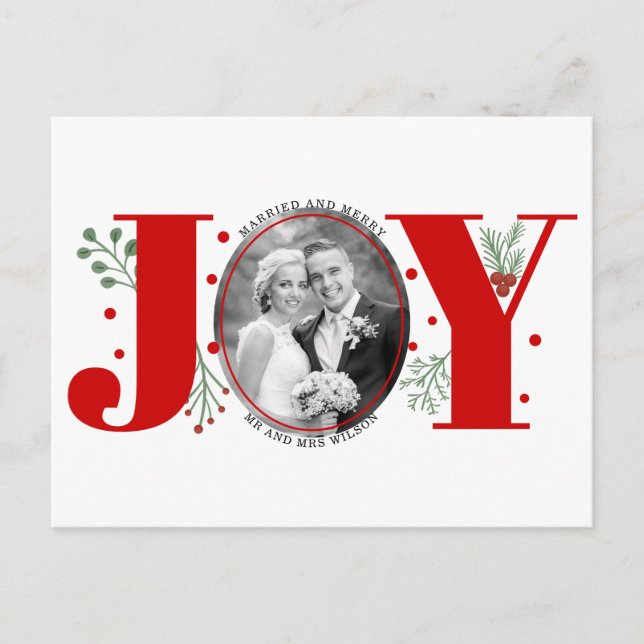 Married and Merry red JOY Christmas holiday photo Postcard (Front)