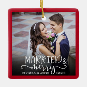Married and Merry Red Newlywed Photo Holiday Ceramic Ornament