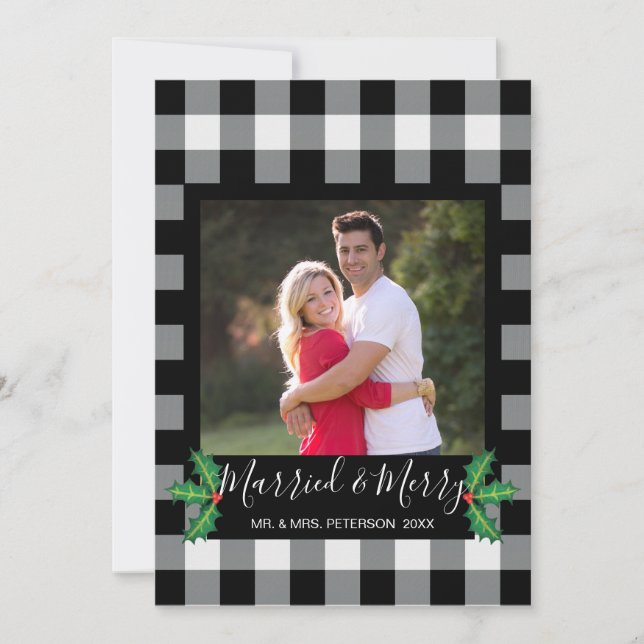 Married and Merry Rustic White Buffalo Check Photo Holiday Card (Front)