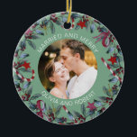 Married and Merry Sage Christmas Wreath Newlyweds Ceramic Tree Decoration<br><div class="desc">Romantic ornament for married couple features beautiful Christmas wreath and a sage green background. Personalize the template with your photograph,  names or custom text. You can change the background color if you like,  just click on "Edit using design tool".</div>