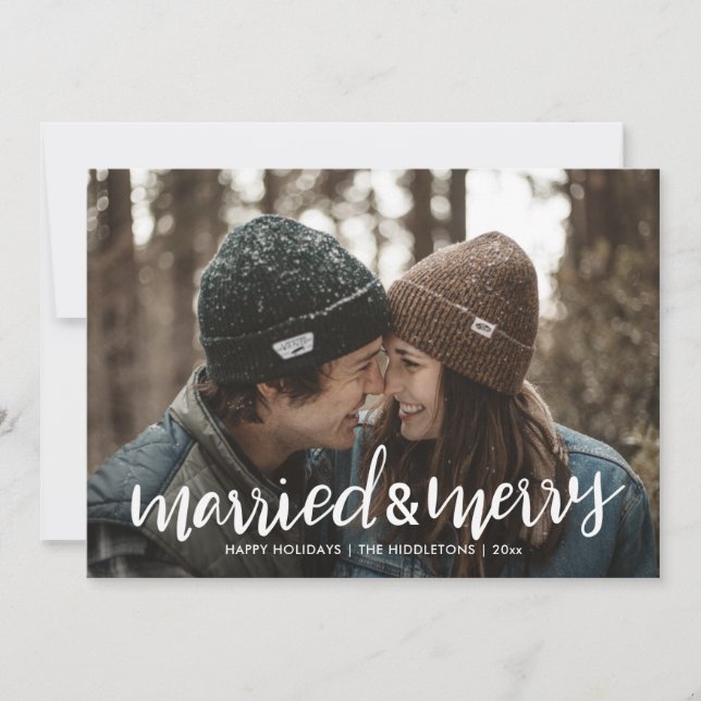 Married And Merry Script First Christmas Photo Holiday Card (Front)