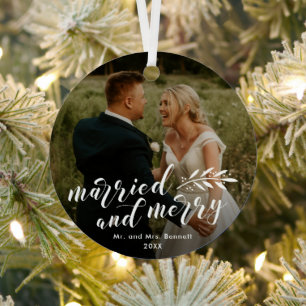 Married and Merry Script Wedding Photo Christmas Metal Tree Decoration