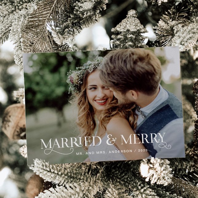 Married and Merry | Unique Stylish Text and Photos Holiday Card (Creator Uploaded)
