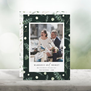 Married and Merry Watercolor Winter Greenery Photo Holiday Card