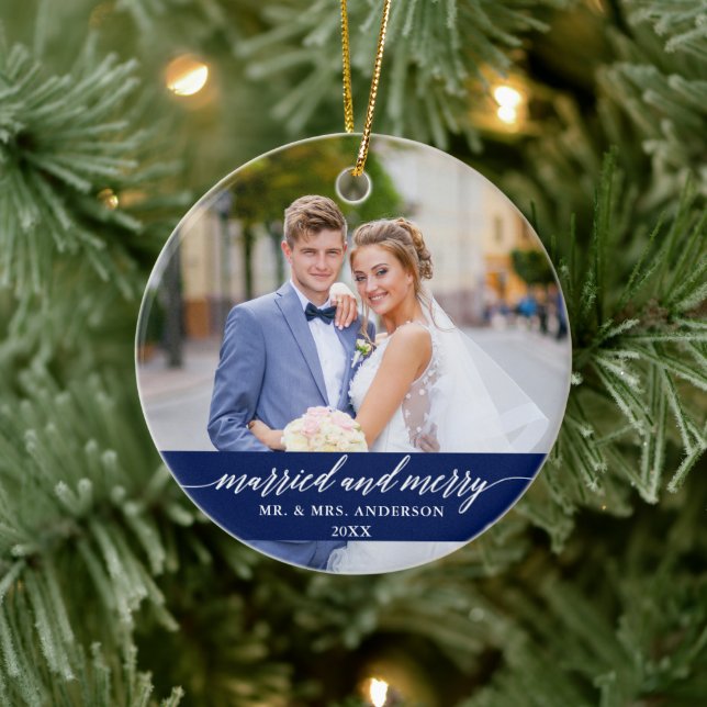 Married and Merry Wedding Calligraphy Blue Ceramic Tree Decoration (Tree)