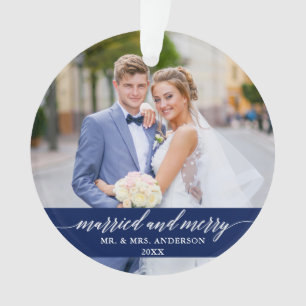 Married and Merry Wedding Calligraphy Blue Ornament