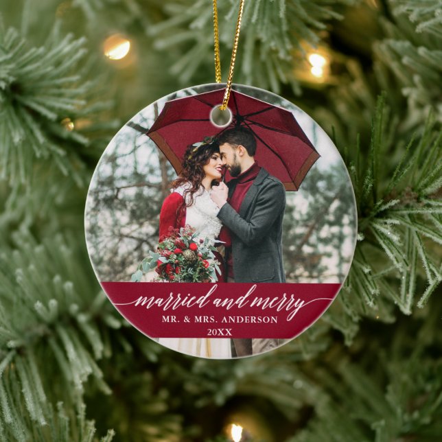 Married and Merry Wedding Calligraphy Burgundy Ceramic Tree Decoration (Tree)