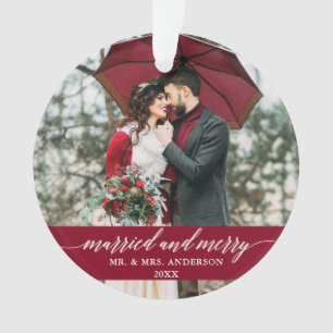 Married and Merry Wedding Calligraphy Burgundy Ornament