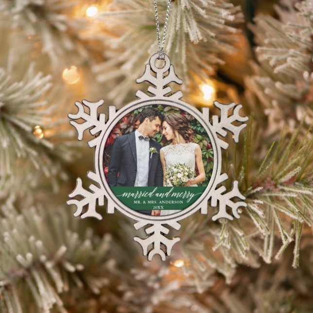 Married and Merry Wedding Calligraphy Green Snowflake Pewter Christmas Ornament (Tree)