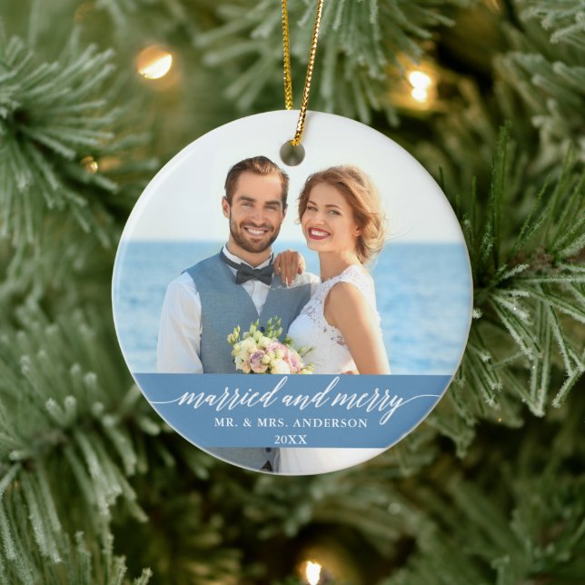 Married and Merry Wedding Calligraphy Light Blue Ceramic Tree Decoration (Tree)