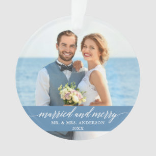 Married and Merry Wedding Calligraphy Light Blue Ornament